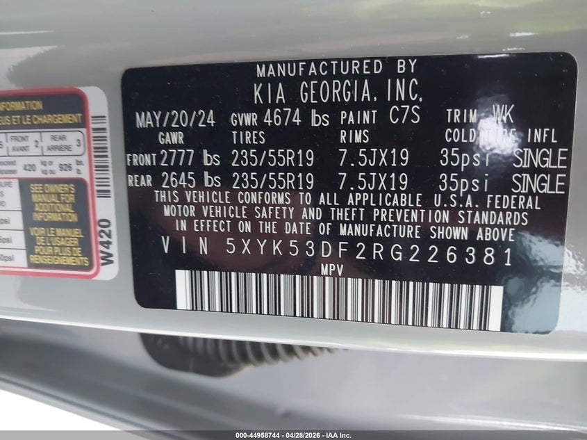 2024 Kia Sportage VIN 5XYK53DF2RG226381 IAAI salvage auction — RIGHT SIDE, Original (Texas), sold $11,575 on 2026-07-28 (photo 9)
