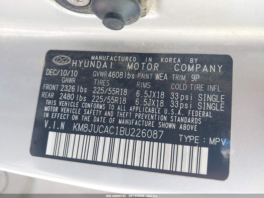 2011 Hyundai Tucson VIN KM8JUCAC1BU226087 IAAI salvage auction — FRONT END, Salvage (Iowa), sold $900 on 2026-07-10 (photo 9)