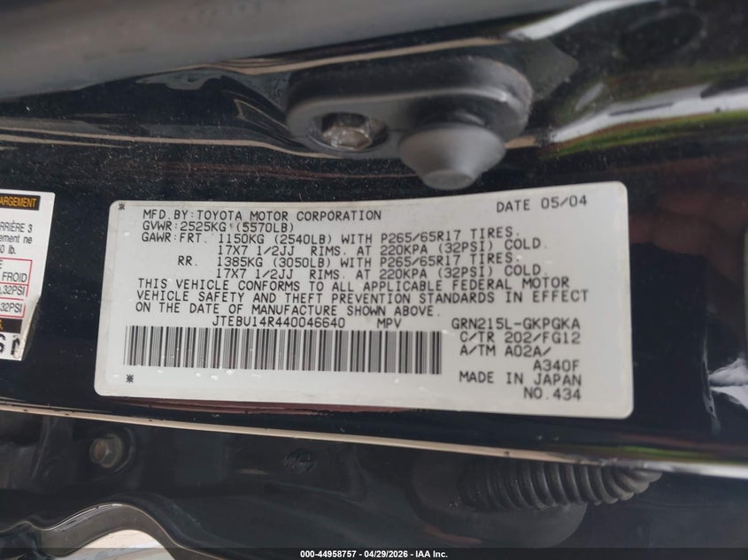 2004 Toyota 4runner VIN JTEBU14R440046640 IAAI salvage auction — HAIL, Clear (Wisconsin), sold $2,200 on 2026-07-09 (photo 9)