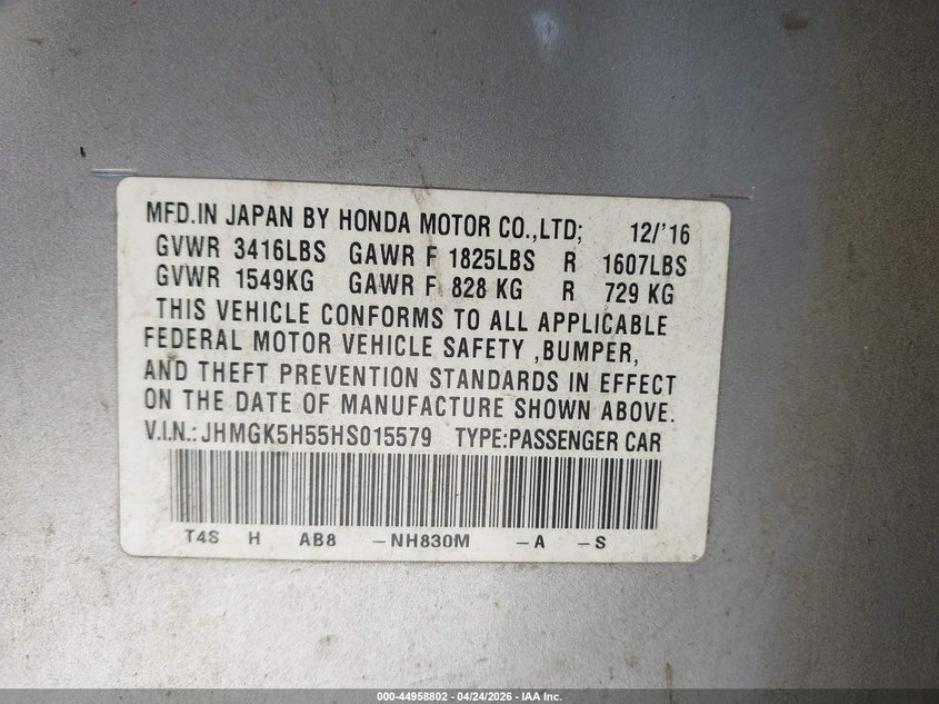 2017 Honda Fit VIN JHMGK5H55HS015579 IAAI salvage auction — SIDE, Salvage Title, sold $1,650 on 2026-07-20 (photo 9)