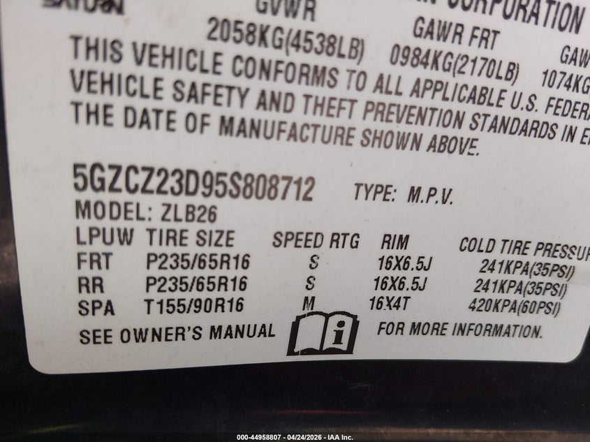 2005 Saturn Vue VIN 5GZCZ23D95S808712 IAAI salvage auction — RIGHT FRONT, Salvage (Kansas), sold $200 on 2026-07-10 (photo 9)