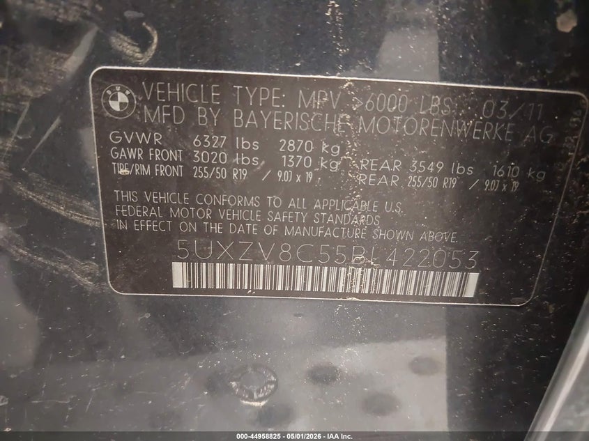 2011 BMW X5 VIN 5UXZV8C55BL422053 IAAI salvage auction — FRONT & REAR, Nrc Lienholder Repossession Paperwork (Colorado), sold $300 on 2026-07-22 (photo 9)