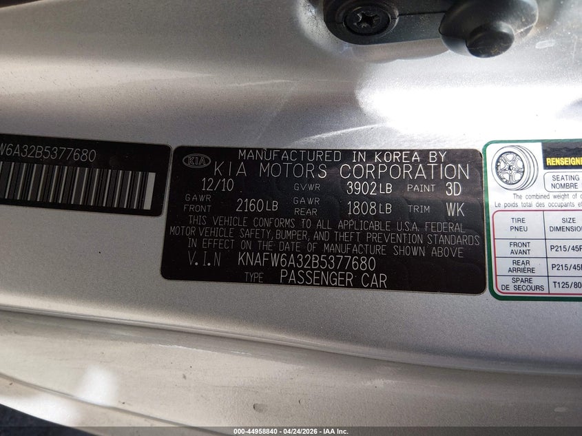 2011 Kia Forte VIN KNAFW6A32B5377680 IAAI salvage auction — FRONT END, Salvage (Colorado), sold $200 on 2026-07-14 (photo 9)