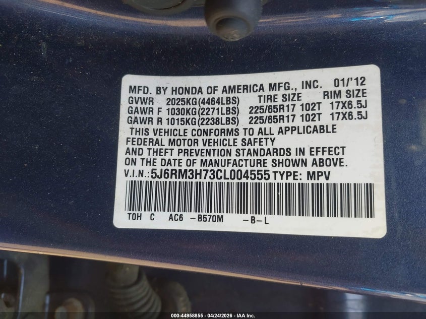 2012 Honda Cr-v VIN 5J6RM3H73CL004555 IAAI salvage auction — FRONT & REAR, Salvage Title, sold $2,350 on 2026-07-18 (photo 9)