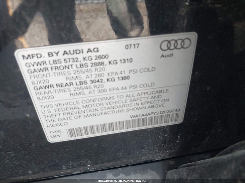 2018 Audi Sq5 VIN WA1A4AFY2J2025249 IAAI salvage auction — RIGHT REAR, Salvage Title, sold $9,175 on 2026-07-14 (photo 9)