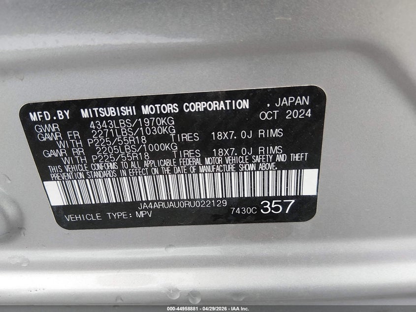 2024 Mitsubishi Outlander VIN JA4ARUAU0RU022129 IAAI salvage auction — LEFT SIDE, Salvage (Ohio), sold $25 on 2026-07-28 (photo 9)