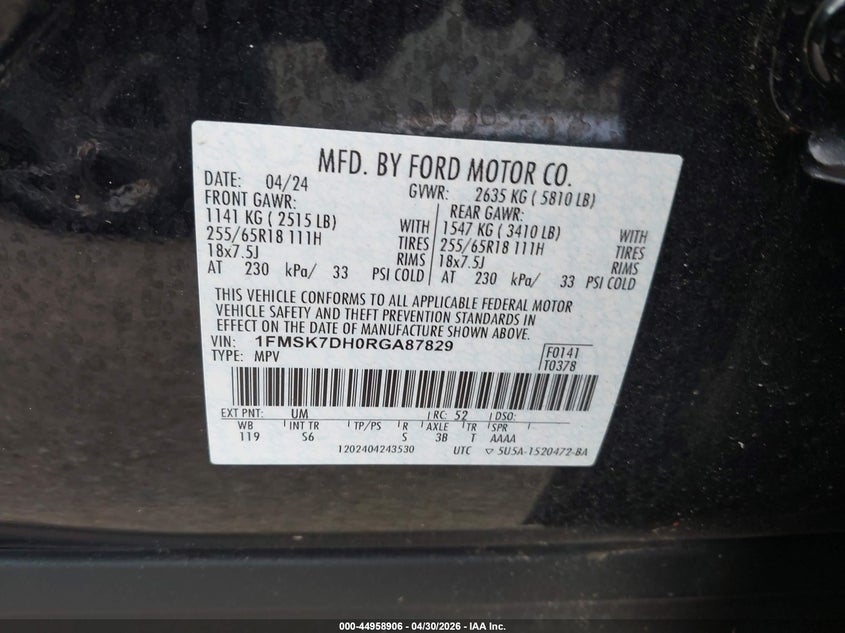2024 Ford Explorer VIN 1FMSK7DH0RGA87829 IAAI salvage auction — RIGHT SIDE, Original (Texas), sold $9,600 on 2026-07-29 (photo 9)