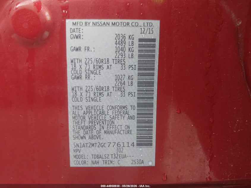 2016 Nissan Rogue VIN 5N1AT2MT2GC776114 IAAI salvage auction — FRONT END, Salvage (Tennessee), sold $1,600 on 2026-07-16 (photo 9)