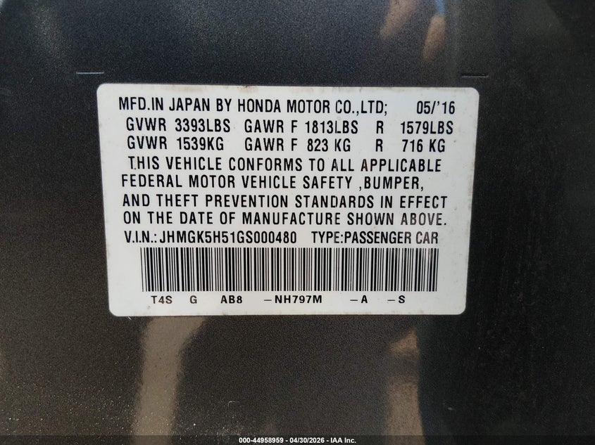2016 Honda Fit VIN JHMGK5H51GS000480 IAAI salvage auction — RIGHT FRONT, Clear (Hawaii), sold $1,000 on 2026-07-14 (photo 9)