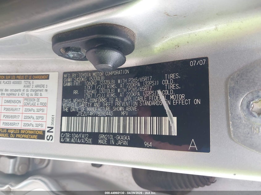 2007 Toyota 4runner VIN JTEZU14R778090443 IAAI salvage auction — LEFT FRONT, Salvage (Texas), sold $500 on 2026-07-30 (photo 9)
