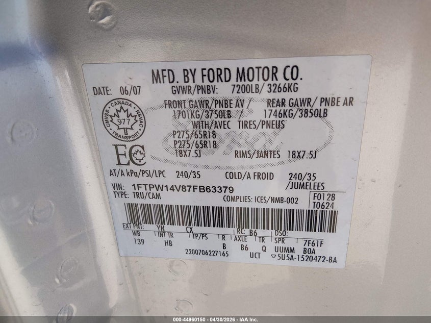 2007 Ford F-150 VIN 1FTPW14V87FB63379 IAAI salvage auction — RIGHT SIDE, Clear (Montana), sold $700 on 2026-07-22 (photo 9)