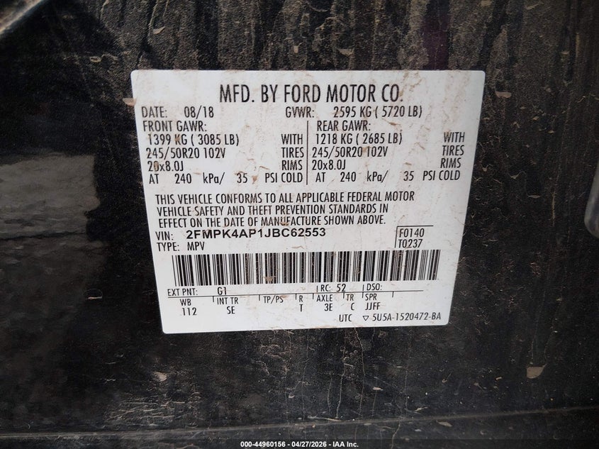 2018 Ford Edge VIN 2FMPK4AP1JBC62553 IAAI salvage auction — REAR END, Original (Texas), sold $3,725 on 2026-07-09 (photo 9)