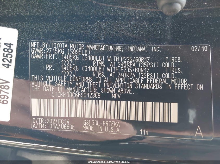 2011 Toyota Sienna VIN 5TDKK3DC6BS012369 IAAI salvage auction — LEFT FRONT, Salvage (Idaho), sold $1,300 on 2026-07-09 (photo 9)