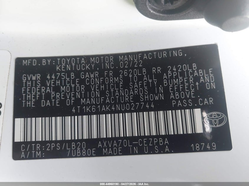 2022 Toyota Camry VIN 4T1K61AK4NU027744 IAAI salvage auction — REAR END, Salvage Title, sold $9,100 on 2026-07-10 (photo 9)