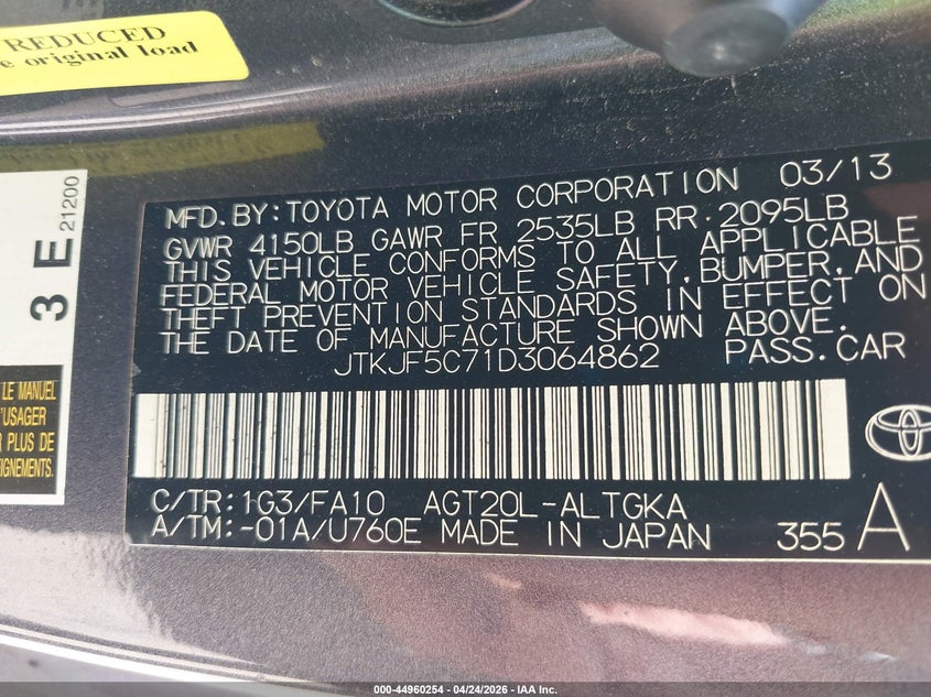 2013 Scion Tc VIN JTKJF5C71D3064862 IAAI salvage auction — REAR END, Original (Texas), sold $2,150 on 2026-07-06 (photo 9)
