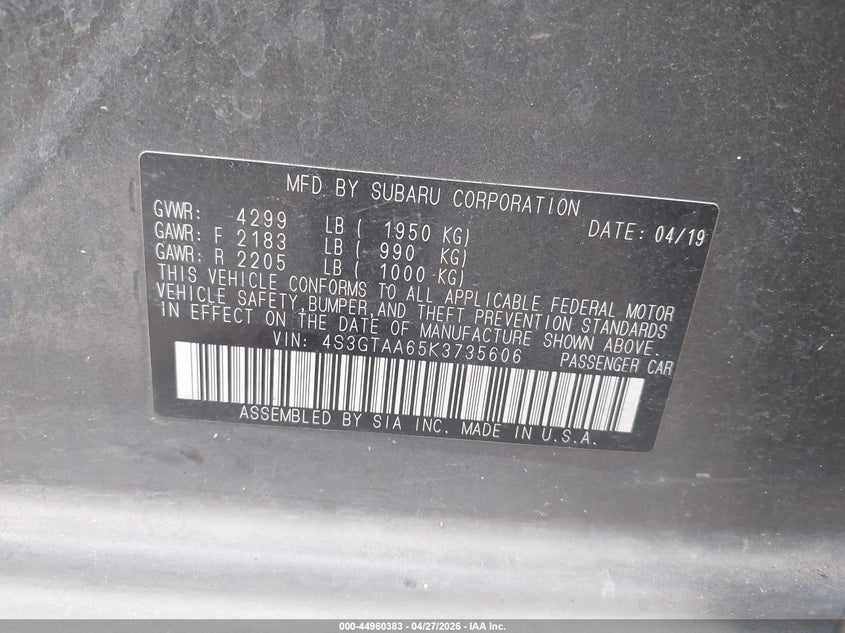 2019 Subaru Impreza VIN 4S3GTAA65K3735606 IAAI salvage auction — LEFT FRONT, Original (Texas), sold $1,825 on 2026-07-09 (photo 9)