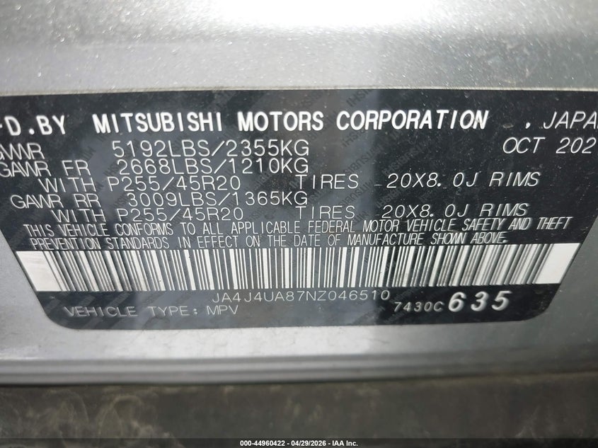 2022 Mitsubishi Outlander VIN JA4J4UA87NZ046510 IAAI salvage auction — BIOHAZARD/CHEMICAL, Salvage (Mississippi), sold $3,050 on 2026-09-04 (photo 9)