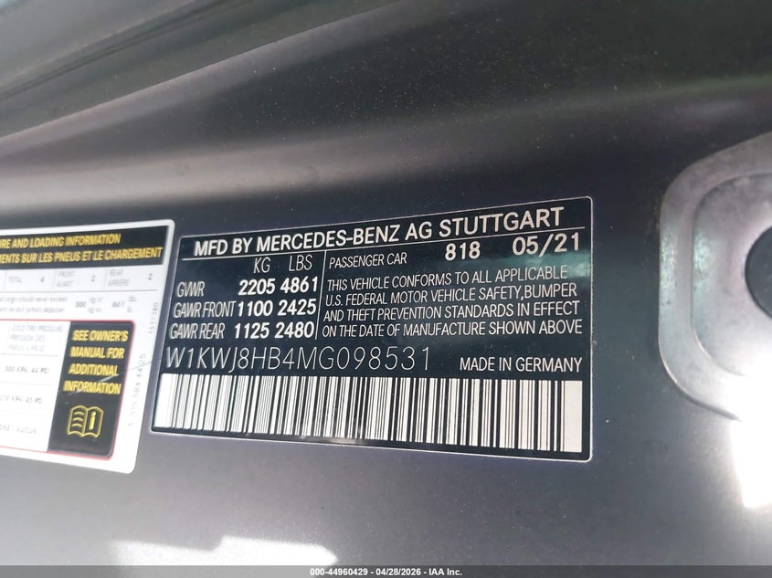 2021 Mercedes-benz C class VIN W1KWJ8HB4MG098531 IAAI salvage auction — LEFT SIDE, Wait Title, sold $25 on 2026-07-24 (photo 9)