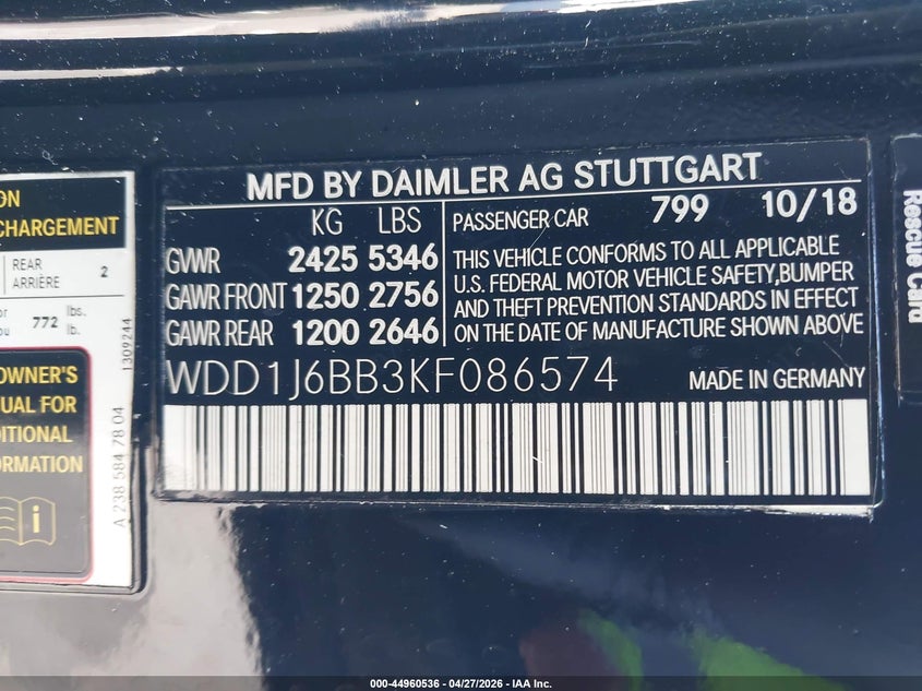 2019 Mercedes-benz VIN WDD1J6BB3KF086574 IAAI salvage auction — FRONT & REAR, Salvage Title, sold $9,600 on 2026-07-21 (photo 9)