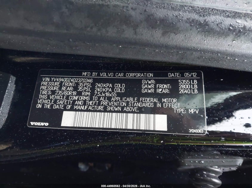 2013 Volvo Xc60 VIN YV4940DZ4D2370346 IAAI salvage auction — ALL OVER, Wait Title, sold $425 on 2026-07-14 (photo 9)