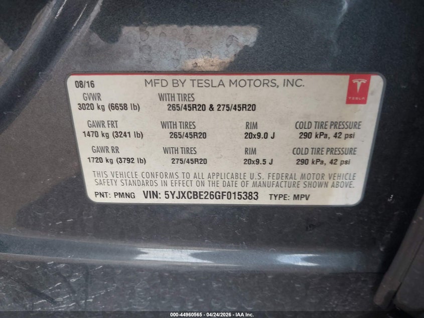 2016 Tesla Model x VIN 5YJXCBE26GF015383 IAAI salvage auction — SIDE, Salvage Title, sold $5,750 on 2026-07-16 (photo 9)