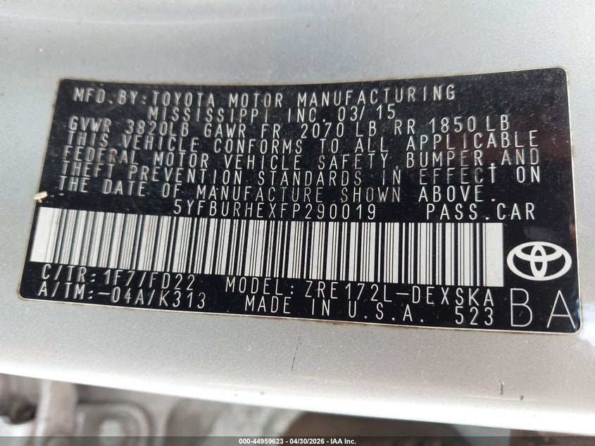 2015 Toyota Corolla VIN 5YFBURHEXFP290019 IAAI salvage auction — ROOF, Salvage (Hawaii), sold $375 on 2026-07-14 (photo 9)