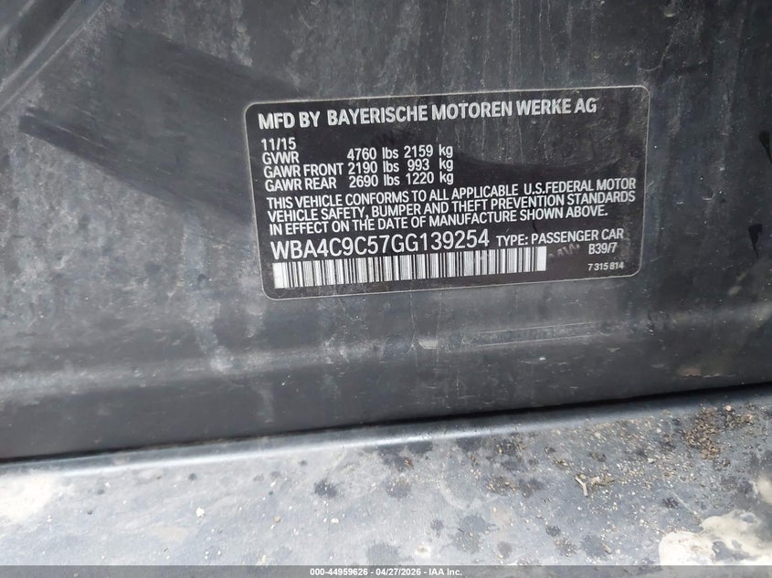 2016 BMW 4er VIN WBA4C9C57GG139254 IAAI salvage auction — FRONT END, Salvage (Illinois), sold $1,650 on 2026-07-14 (photo 9)