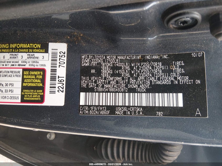 2008 Toyota Tundra VIN 5TBBV54188S493812 IAAI salvage auction — FRONT END, Non-Repairable Certificate (West Virginia), sold $1,100 on 2026-07-11 (photo 9)
