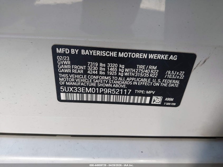 2023 BMW X7 VIN 5UX33EM01P9R52117 IAAI salvage auction — LEFT REAR, Salvage Title, sold $42,150 on 2026-07-06 (photo 9)