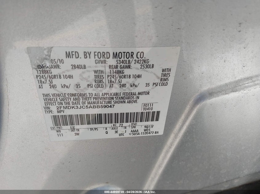 2010 Ford Edge VIN 2FMDK3JC5ABB59047 IAAI salvage auction — FRONT END, Salvage (Utah), sold $250 on 2026-07-09 (photo 9)