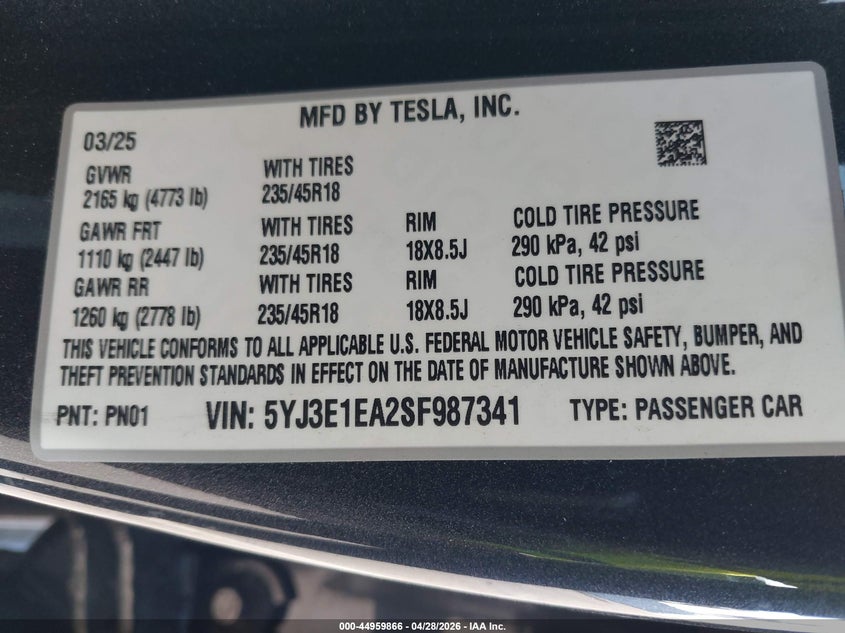 2025 Tesla Model 3 VIN 5YJ3E1EA2SF987341 IAAI salvage auction — FRONT END, Salvage Title, sold $14,400 on 2026-07-09 (photo 9)