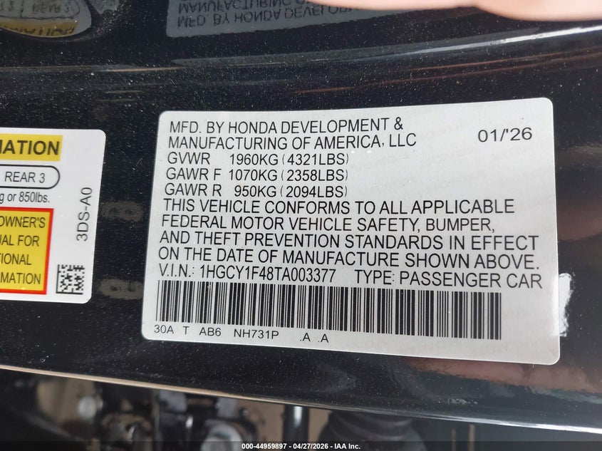 2026 Honda Accord VIN 1HGCY1F48TA003377 IAAI salvage auction — FRONT END, Salvage (Illinois), sold $4,650 on 2026-07-09 (photo 9)