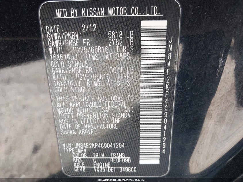 2012 Nissan Quest VIN JN8AE2KP4C9041294 IAAI salvage auction — RIGHT SIDE, App For Dup Clear (California), sold $500 on 2026-07-30 (photo 9)
