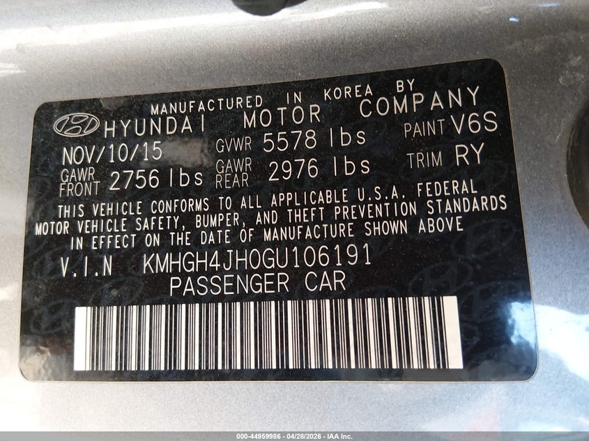 2016 Hyundai Equus VIN KMHGH4JH0GU106191 IAAI salvage auction — UNKNOWN, Salvage (Arizona), sold $1,200 on 2026-07-07 (photo 9)