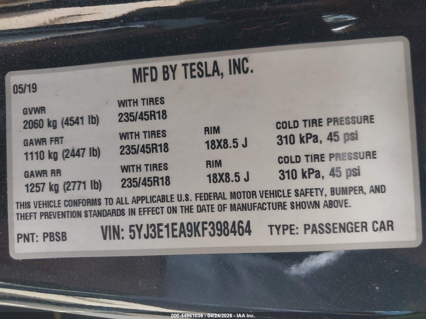 2019 Tesla Model 3 VIN 5YJ3E1EA9KF398464 IAAI salvage auction — RIGHT SIDE, Salvage Title, sold $3,000 on 2026-07-09 (photo 9)