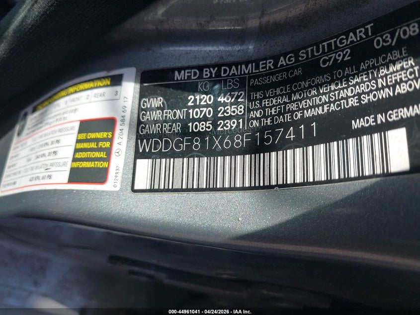 2008 Mercedes-benz C class VIN WDDGF81X68F157411 IAAI salvage auction — FRONT & REAR, Bill Of Sale (New York), sold $425 on 2026-07-07 (photo 9)