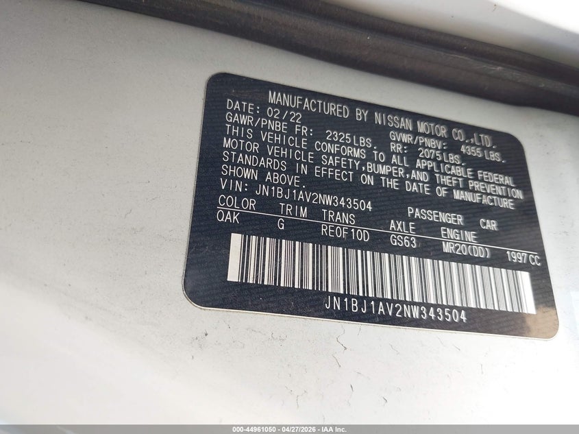 2022 Nissan Rogue VIN JN1BJ1AV2NW343504 IAAI salvage auction — FRONT END, Salvage Title, sold $1,700 on 2026-07-14 (photo 9)