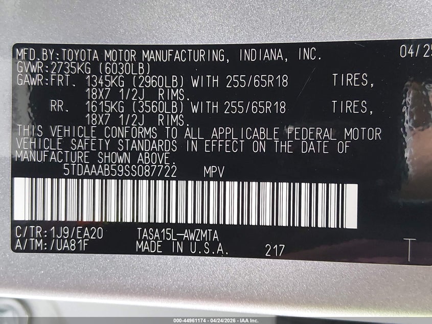 2025 Toyota Highlander VIN 5TDAAAB59SS087722 IAAI salvage auction — REAR END, Salvage Title, sold $23,500 on 2026-07-24 (photo 9)