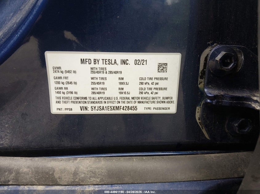 2021 Tesla Model s VIN 5YJSA1E5XMF428455 IAAI salvage auction — ELECTRICAL, Clear (Maryland), sold $22,250 on 2026-07-15 (photo 9)