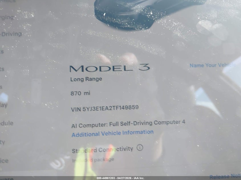 2026 Tesla Model 3 VIN 5YJ3E1EA2TF149859 IAAI salvage auction — FRONT END, Salvage Title, sold $14,700 on 2026-07-08 (photo 7)