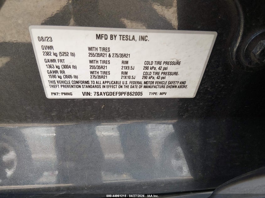 2023 Tesla Model y VIN 7SAYGDEF9PF862005 IAAI salvage auction — FRONT END, Salvage Title, sold $1,550 on 2026-07-22 (photo 9)
