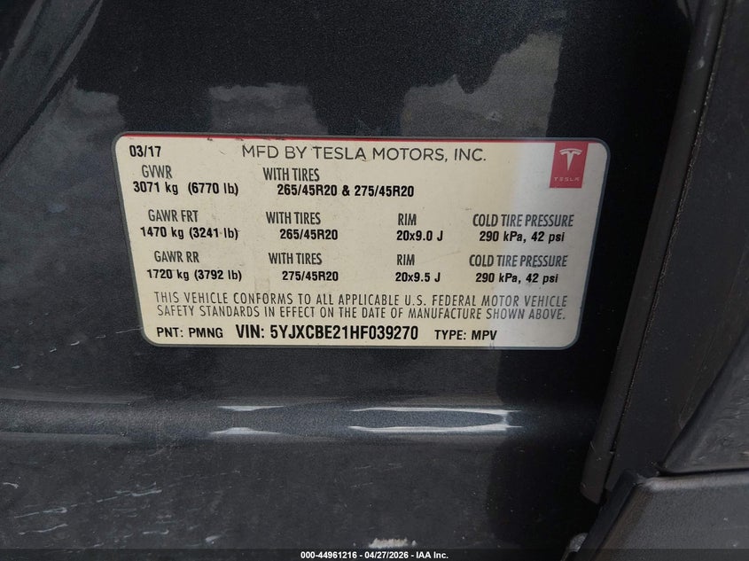 2017 Tesla Model x VIN 5YJXCBE21HF039270 IAAI salvage auction — MECHANICAL, Salvage Title, sold $2,650 on 2026-07-29 (photo 8)