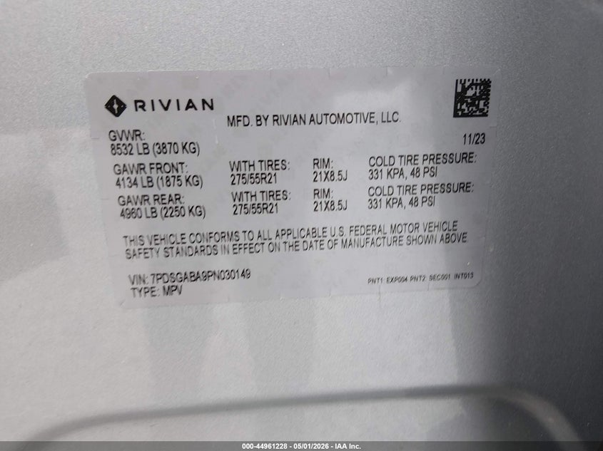 2023 Rivian R1s VIN 7PDSGABA9PN030149 IAAI salvage auction — REAR END, Salvage (Alabama), sold $21,900 on 2026-07-09 (photo 9)