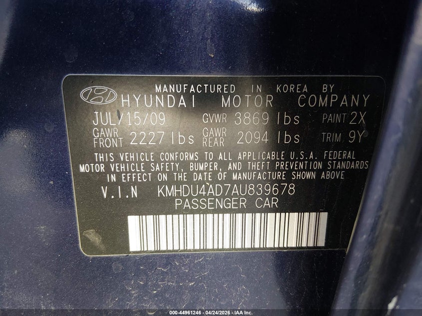 2010 Hyundai Elantra VIN KMHDU4AD7AU839678 IAAI salvage auction — NORMAL WEAR, Salvage (Texas), sold $200 on 2026-07-31 (photo 9)