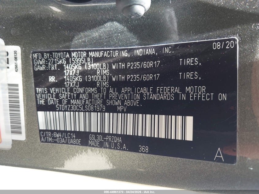 2020 Toyota Sienna VIN 5TDYZ3DC5LS081979 IAAI salvage auction — REAR END, Salvage Title, sold $9,900 on 2026-07-23 (photo 9)