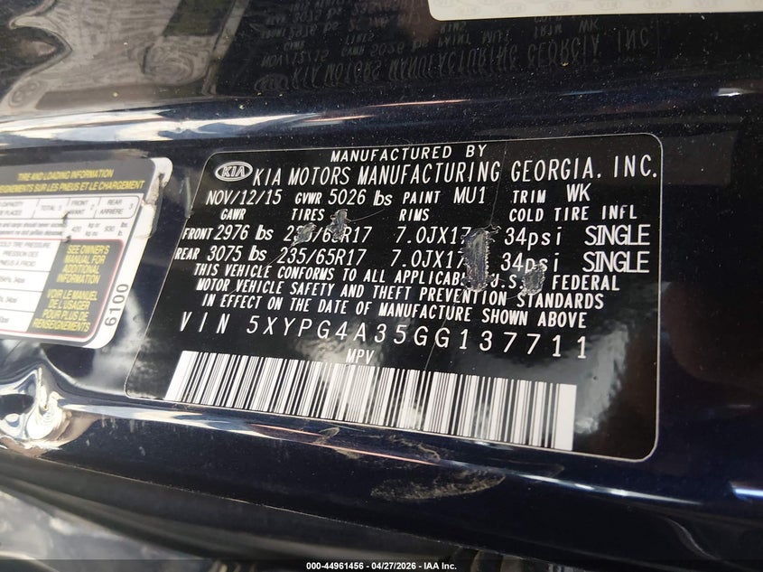 2016 Kia Sorento VIN 5XYPG4A35GG137711 IAAI salvage auction — LEFT SIDE, Salvage (Pennsylvania), sold $1,900 on 2026-07-08 (photo 9)