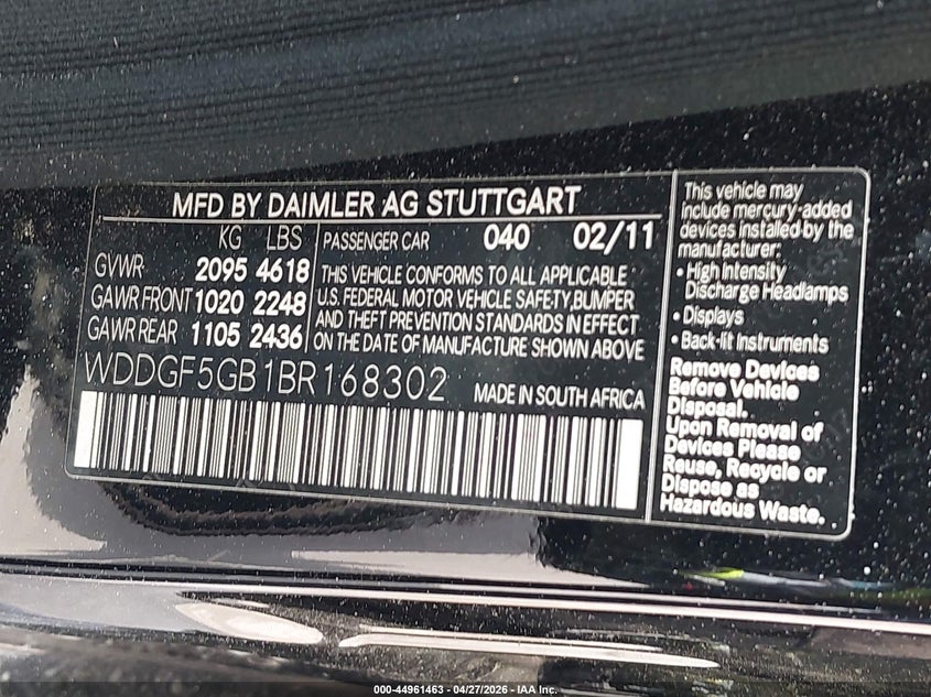 2011 Mercedes-benz C-klasse VIN WDDGF5GB1BR168302 IAAI salvage auction — FRONT END, Original (Texas), sold $2,300 on 2026-07-26 (photo 9)