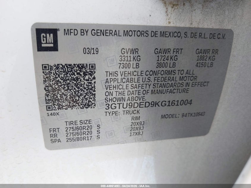 2019 Gmc SIERRA VIN 3GTU9DED9KG161004 IAAI salvage auction — FRONT END, Salvage (Georgia), sold $11,200 on 2026-07-11 (photo 9)