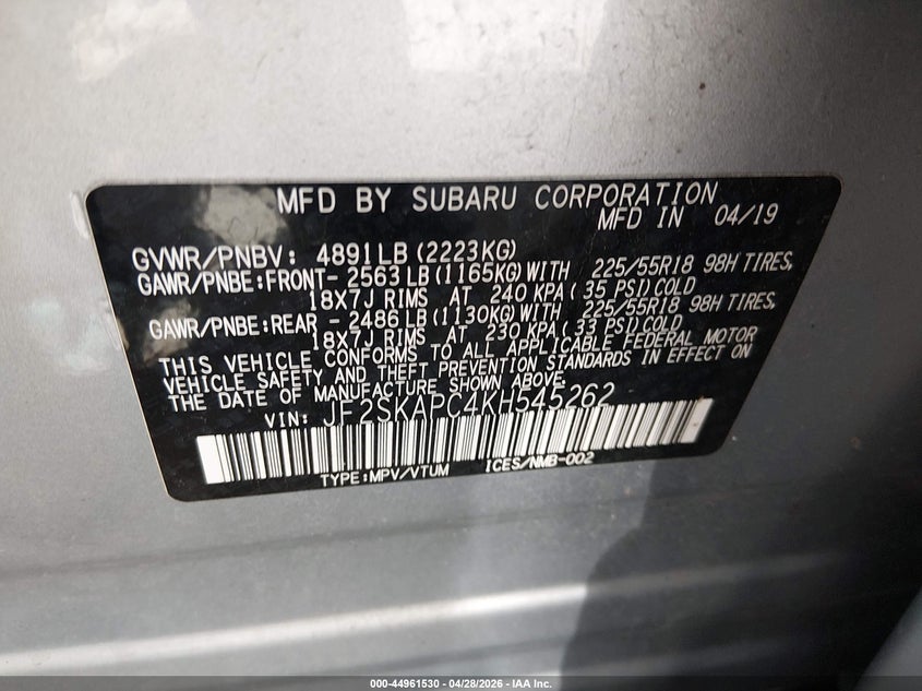 2019 Subaru Forester VIN JF2SKAPC4KH545262 IAAI salvage auction — FRONT END, Salvage Title, sold $3,100 on 2026-07-15 (photo 9)