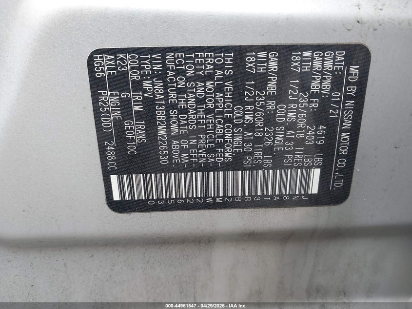 2021 Nissan Rogue VIN JN8AT3BB2MW226530 IAAI salvage auction — REAR END, Salvage Title, sold $5,450 on 2026-07-21 (photo 9)
